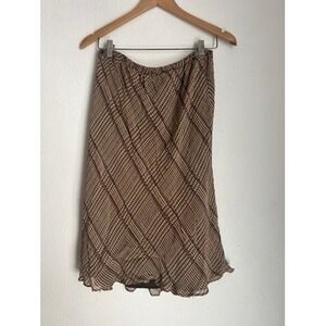 Brown Plaid Midi Skirt Elastic‎ Waist Sheer Lined Lightweight